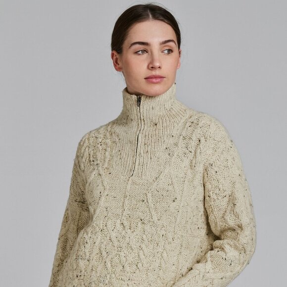 Aran Crafts Ireland Cream Wool Sweater Half Zip Cable Knit Size Large - Picture 9 of 9
